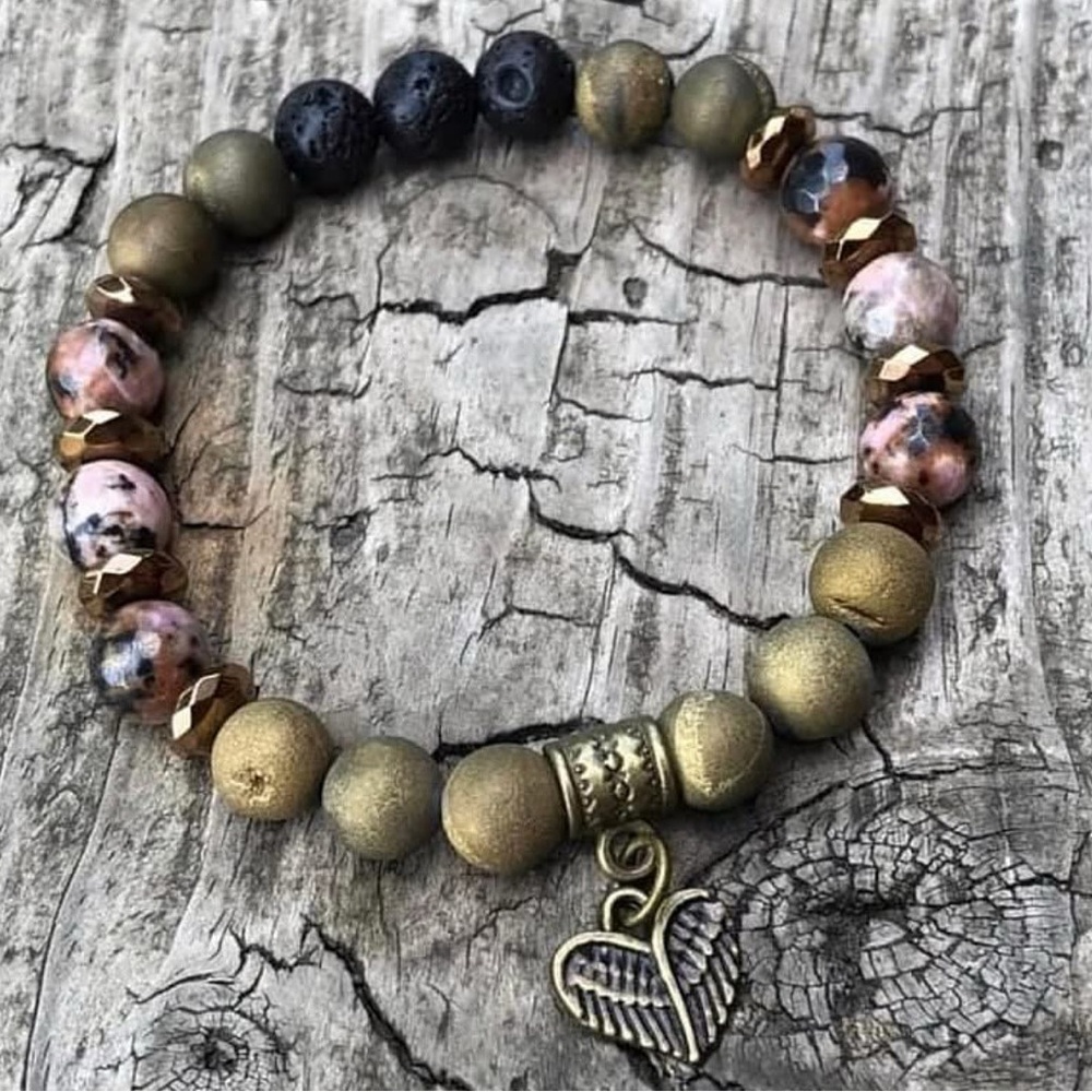 Agate, hematite, rhodonite & lava Beaded Bracelet with Angel wings Charm